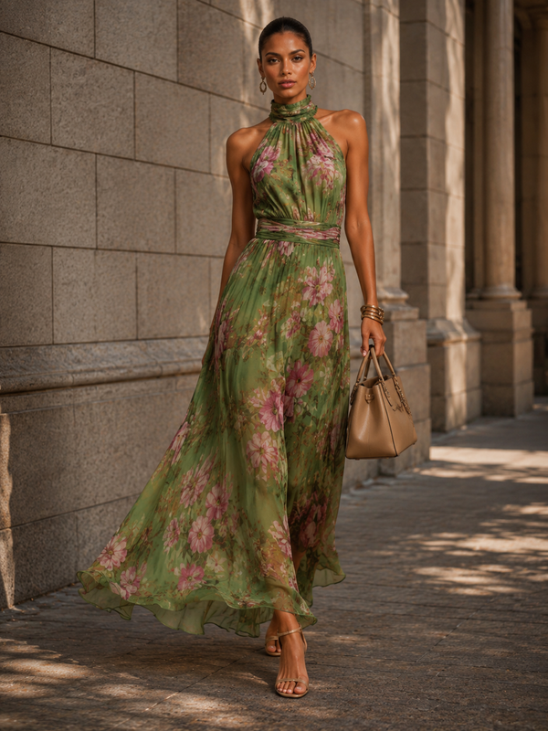 Serena™ | Long green floral chiffon dress with halter neck