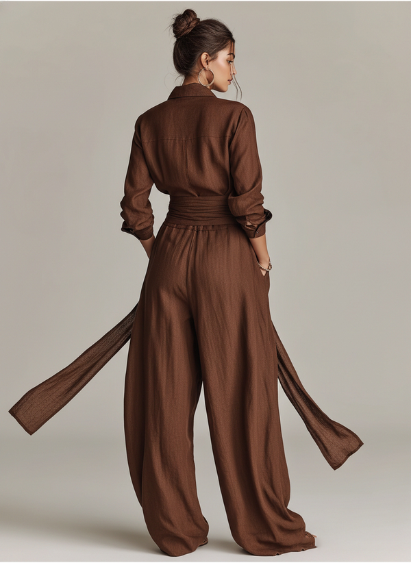 Maia™ | Woven Cotton-Linen Collar Shirt Jumpsuit with Belt