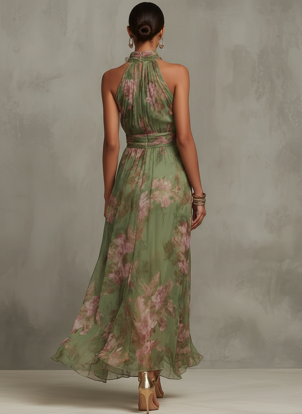 Serena™ | Long green floral chiffon dress with halter neck