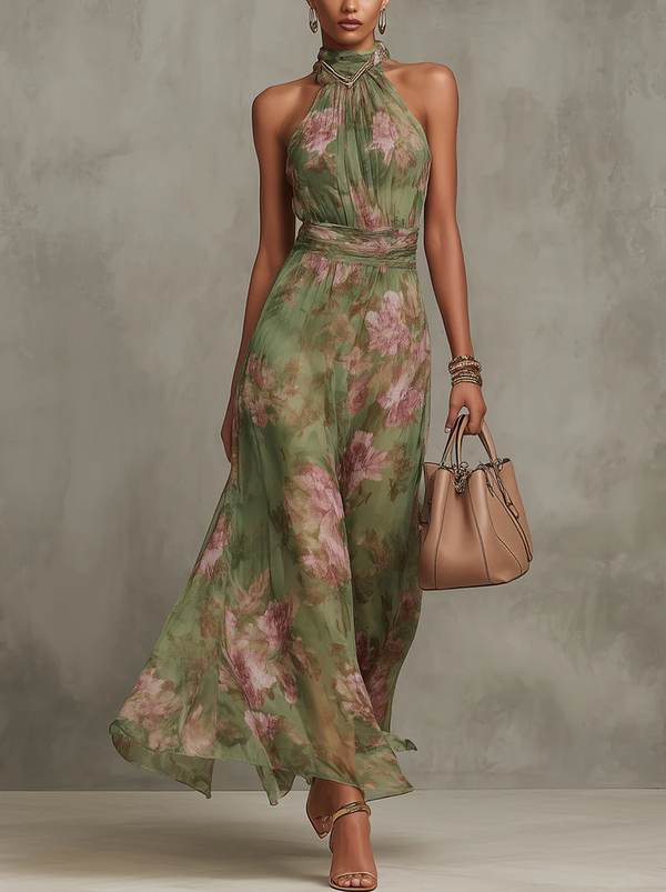 Serena™ | Long green floral chiffon dress with halter neck