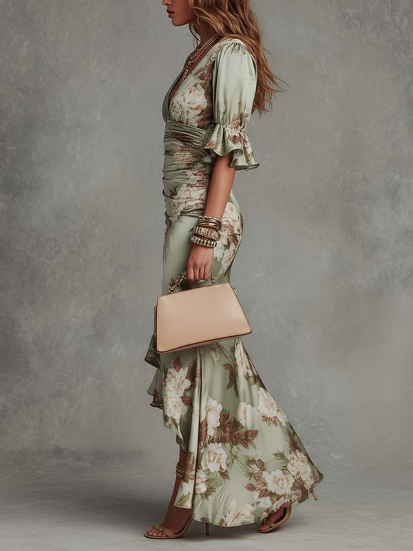 Anna™ | Asymmetric long satin dress in green with floral pattern