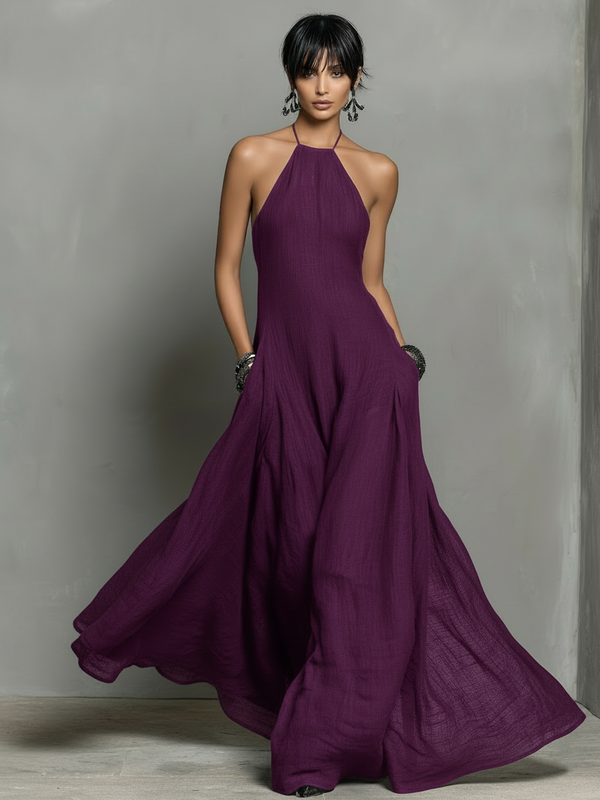 Kara™ | Minimalist Linen Halter-Neck Sleeveless Maxi Dress