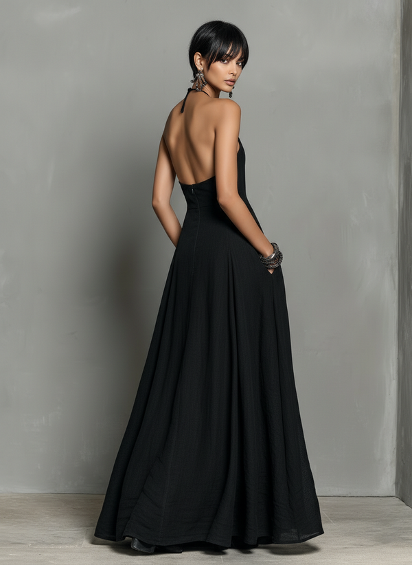 Kara™ | Minimalist Linen Halter-Neck Sleeveless Maxi Dress