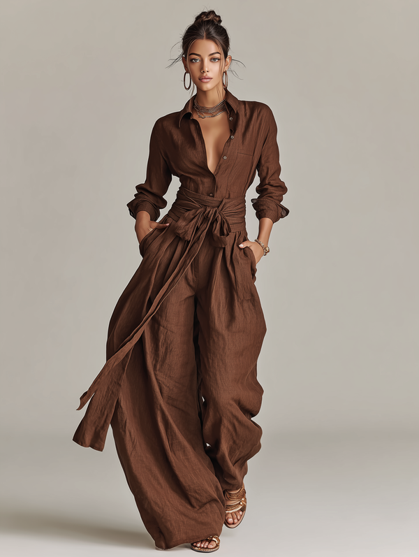 Maia™ | Woven Cotton-Linen Collar Shirt Jumpsuit with Belt